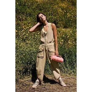 Free People FP Movement Timko Onesie Size Medium Tan Barrel Leg Relaxed Jumpsuit